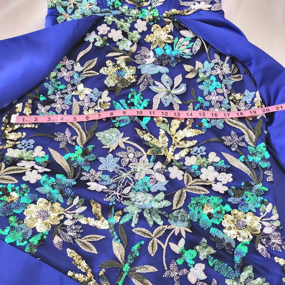 Glamora Royal Blue Satin Sheath Embroidered Sequin Gown Portrait Collar Train 8 - Picture 13 of 16